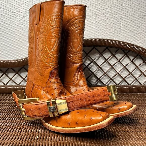 NEW El Potrero Handmade Ostrich Full Quill Western Boots and Belt Size 8.5 E